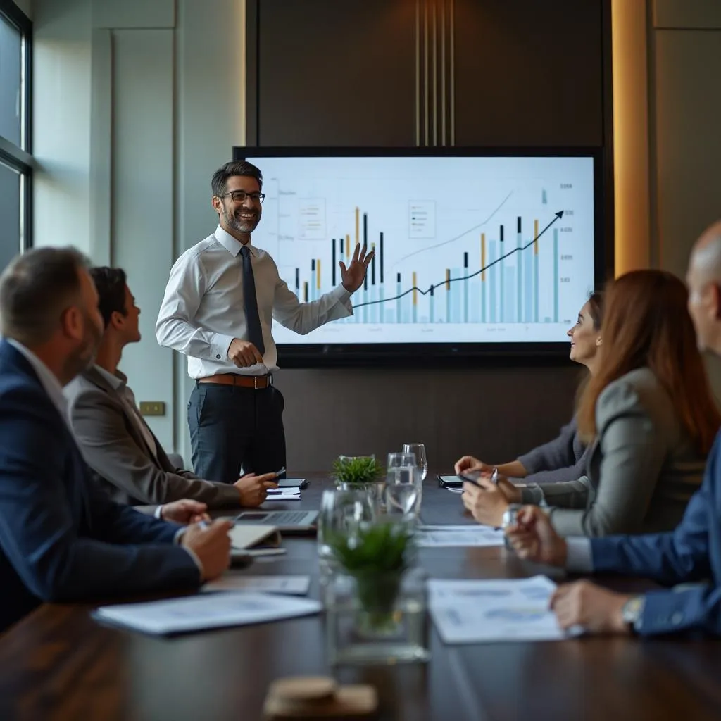 Consultor presentando resultados a cliente