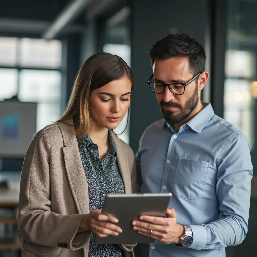 Consultores analizando datos en una tablet